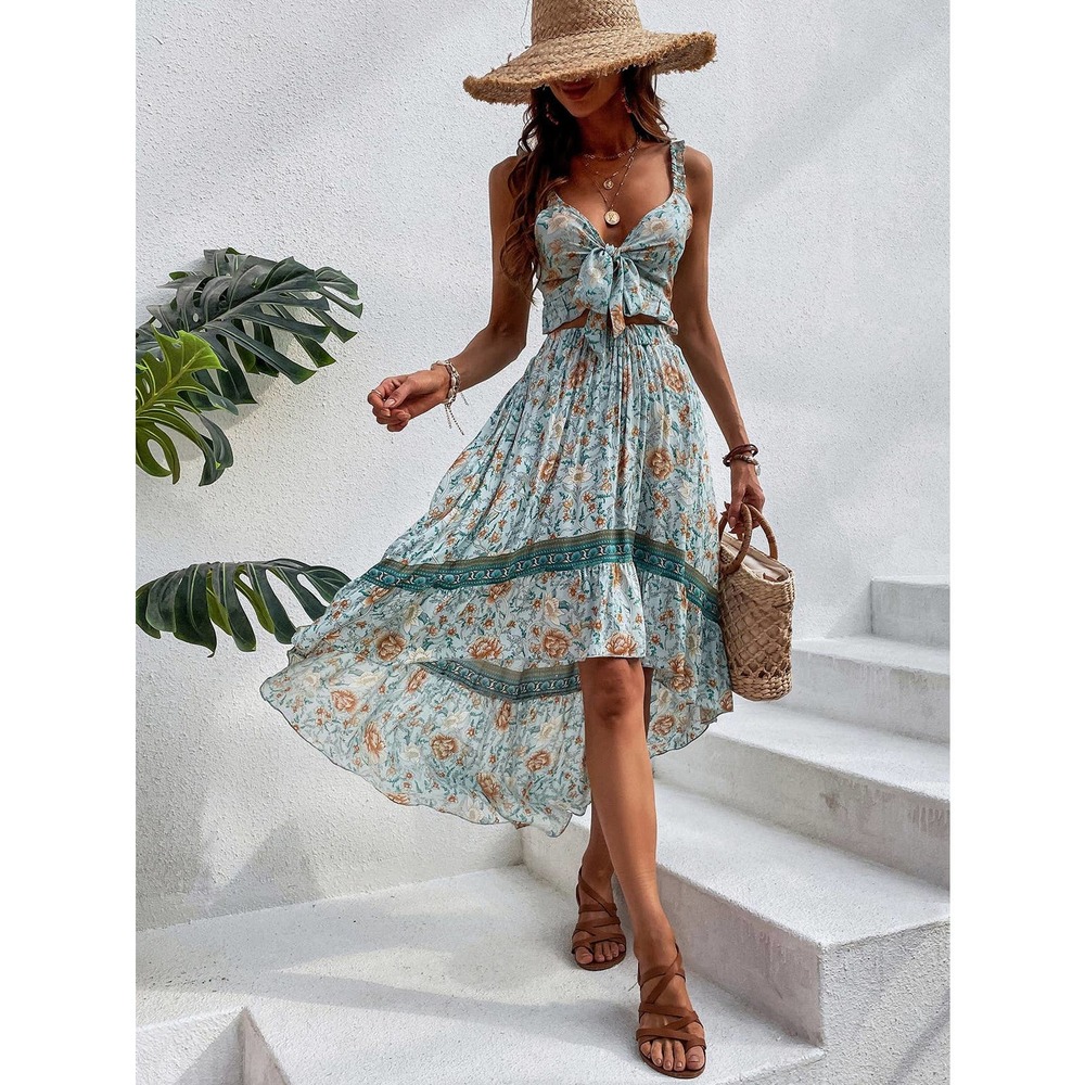 2 piece set: Floral Print Tie Front Cami crop Top & Ruffle Hem midi Skirt blue - Picture 2 of 7